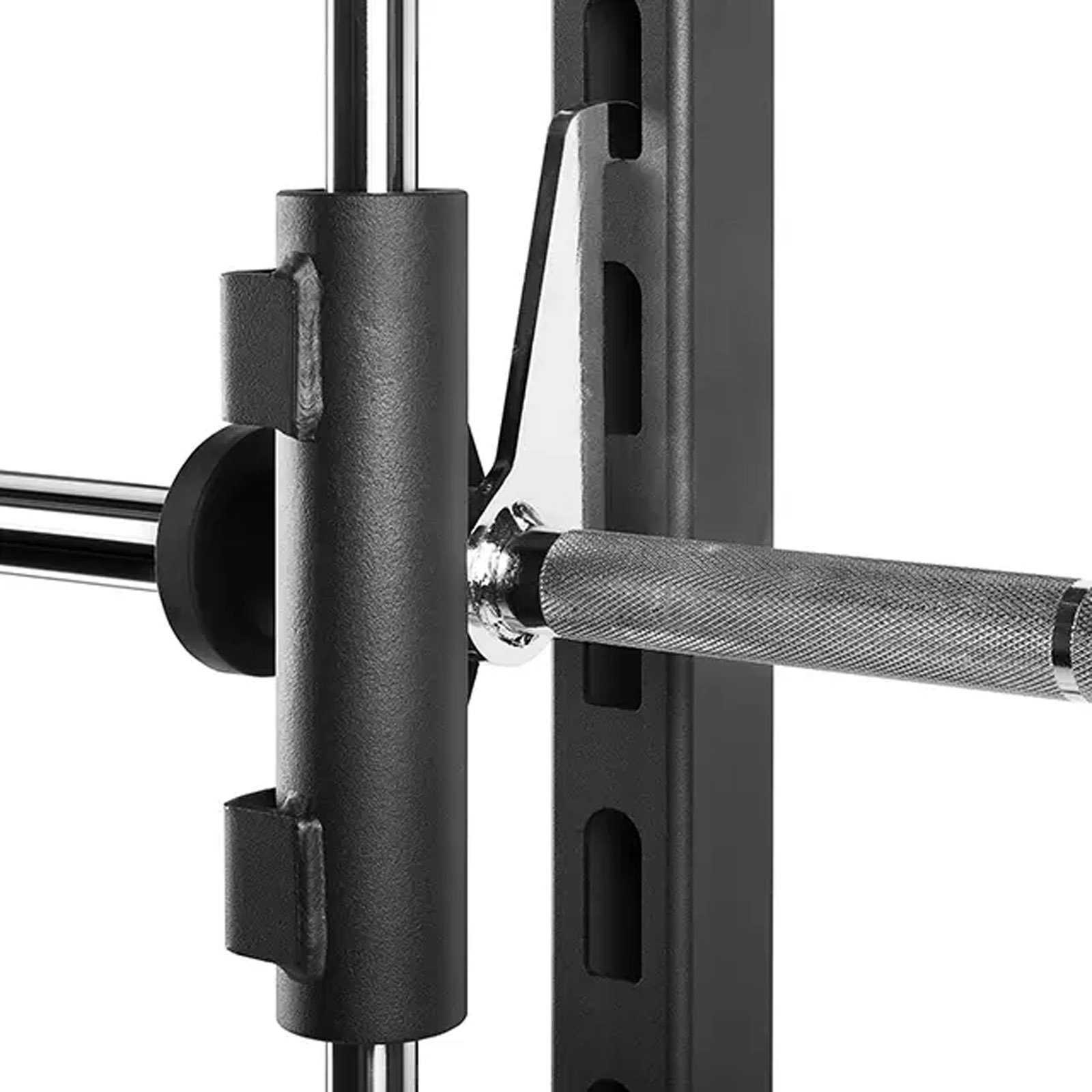 Close-up of the ATX Smith Machine 500 bearing housing and bar hook